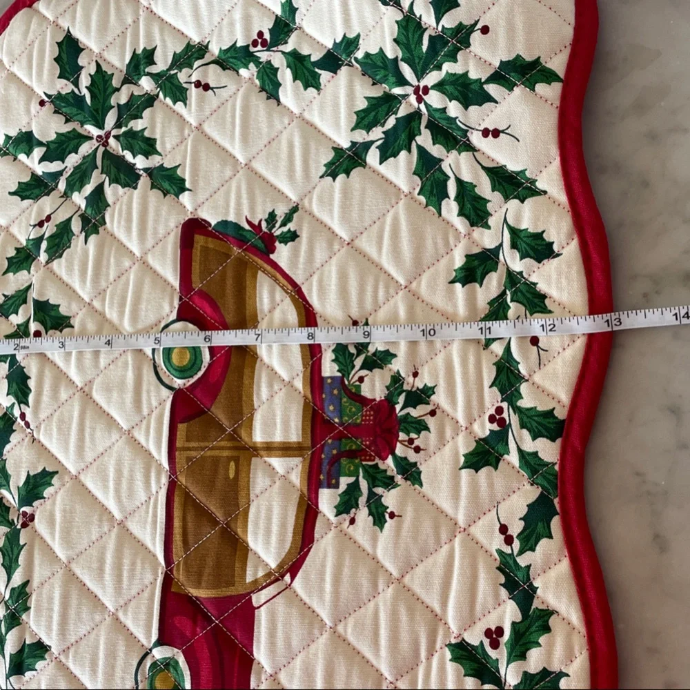 LENOX Holiday Antique Car and Holly Quilted Placemats Red and Green Qty (7)